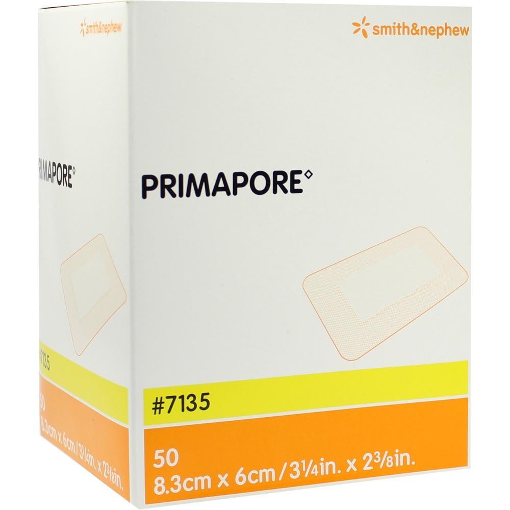 Eine Verpackung f&uuml;r Verbandsmaterial von Primapore mit gelbem und orangefarbenem Streifen.