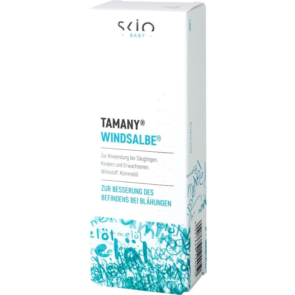 Wei&szlig;e Verpackung einer Windsalbe f&uuml;r Babys gegen Bl&auml;hungen.