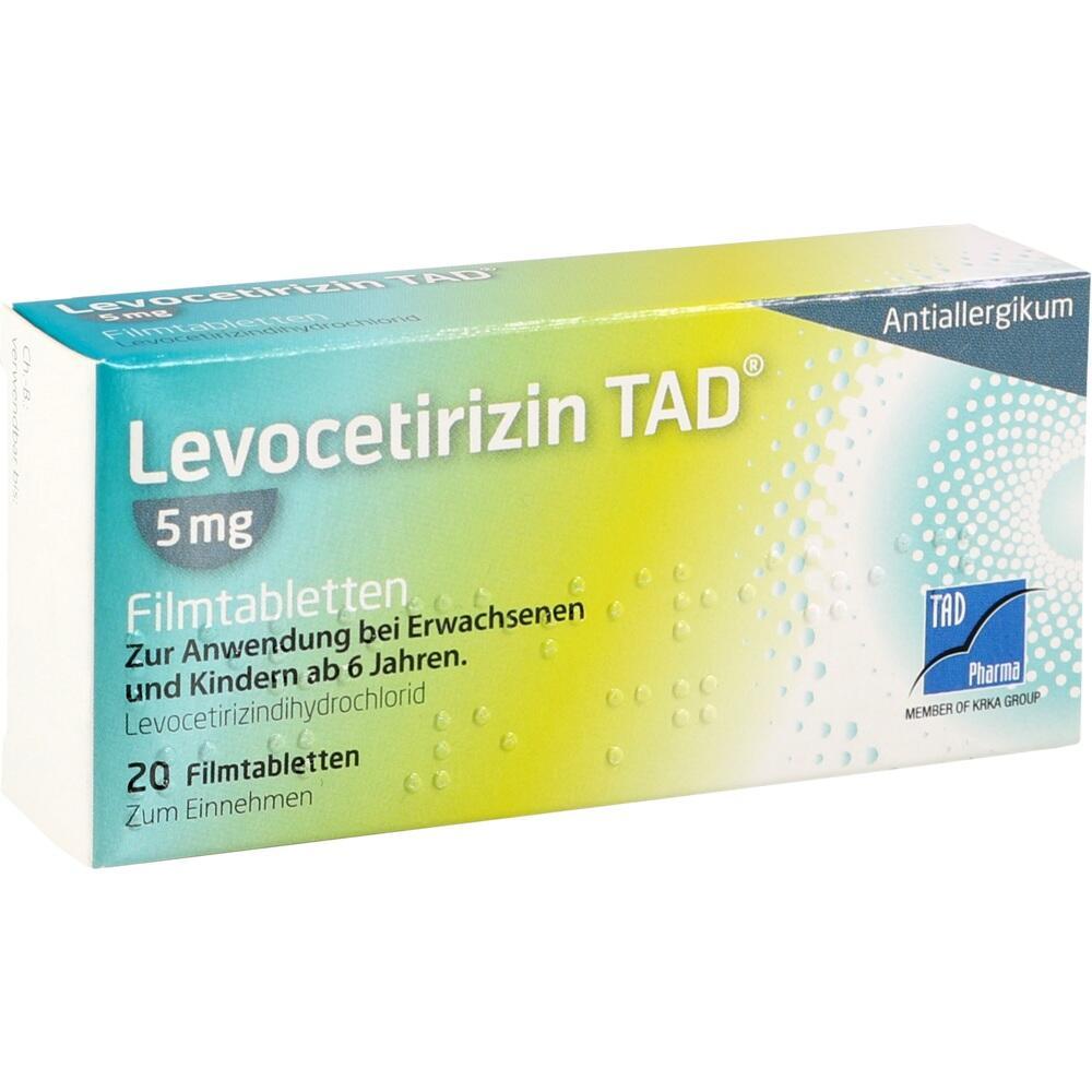 Verpackung von Levocetirizin-Tabletten, verwendet gegen Allergien, 20 St&uuml;ck &aacute; 5 mg.