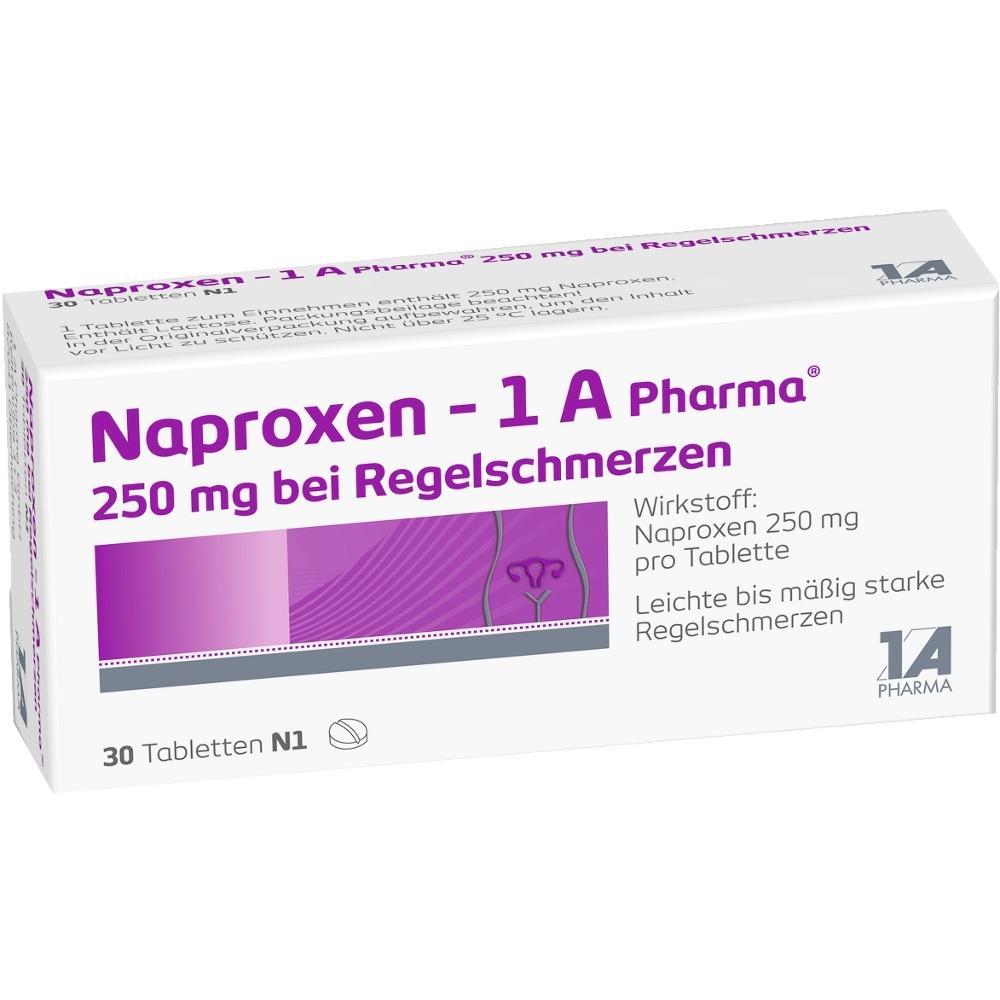 Packung von Naproxen-Tabletten gegen Regelschmerzen, 250 mg, 30 St&uuml;ck.