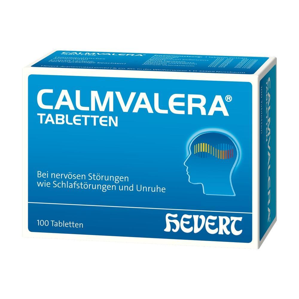 Blaue Verpackung mit Calmvalera-Tabletten gegen Unruhe und Schlafst&ouml;rungen.