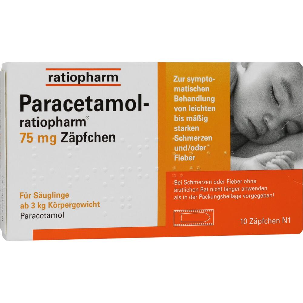 Packung Paracetamol-Z&auml;pfchen f&uuml;r S&auml;uglinge ab 3 kg zur Behandlung von Schmerzen und Fieber.