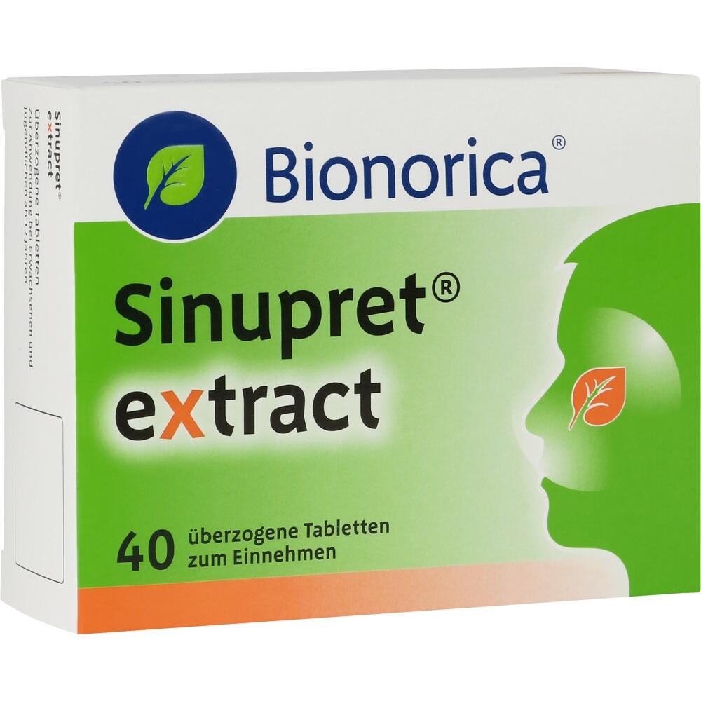 Eine gr&uuml;ne Packung Sinupret extract Tabletten von Bionorica mit 40 St&uuml;ck.