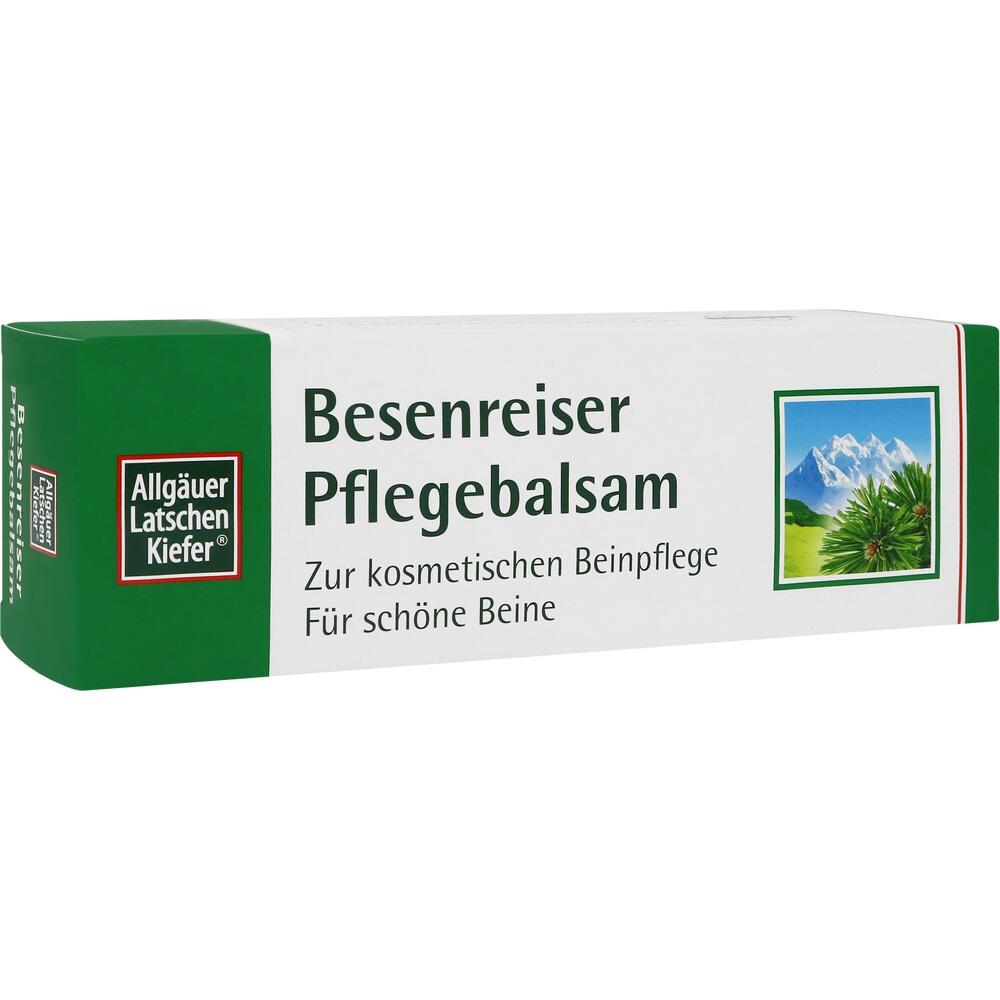 Gr&uuml;ne Verpackung eines Pflegebalsams f&uuml;r Beine, mit Bergen und Pflanze abgebildet.