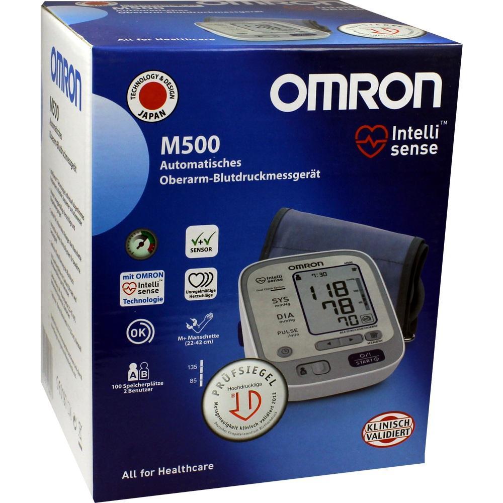 Eine Verpackung für ein automatisches Oberarm-Blutdruckmessgerät von Omron.