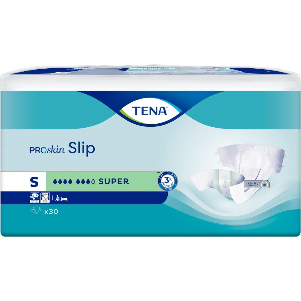Verpackung von TENA ProSkin Slip Windeln, Gr&ouml;&szlig;e S, mit Abbildung der Windeln.