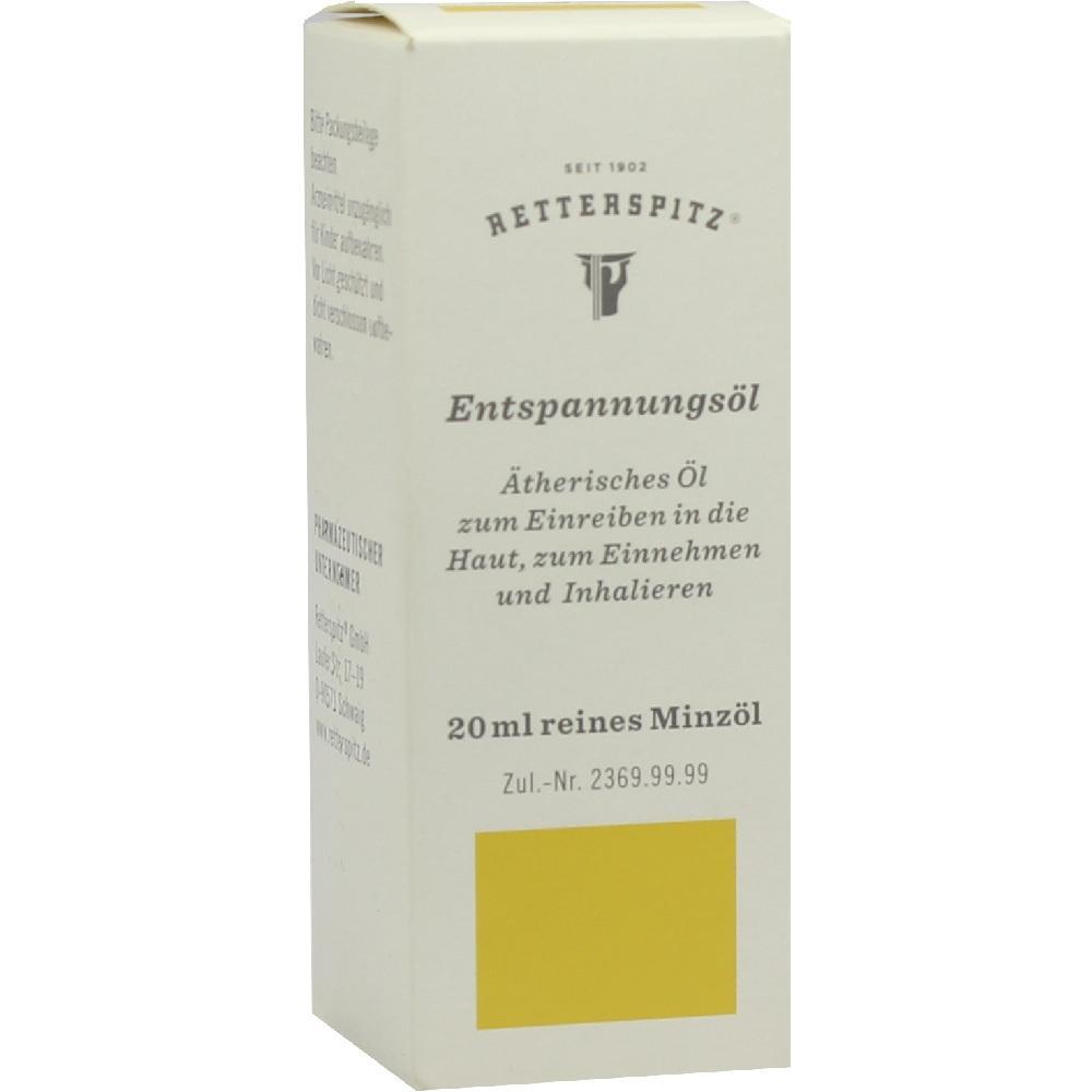 Wei&szlig;e Verpackung mit Retterspitz Entspannungs&ouml;l, 20 ml reines Minz&ouml;l.