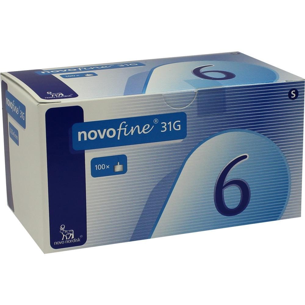 Eine wei&szlig;e und blaue Verpackung von Novofine 31G Nadeln mit der Zahl 6 darauf.