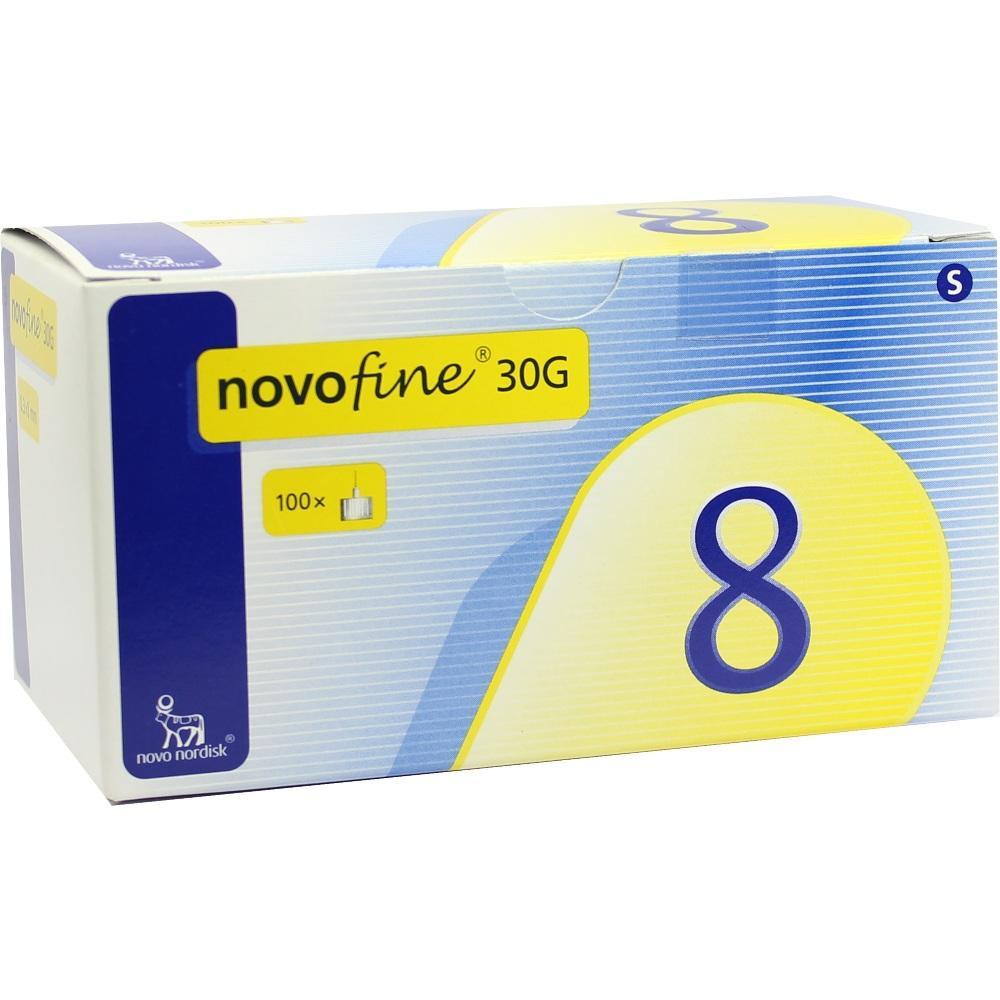 Eine Packung von Novofine-Nadeln, Gr&ouml;&szlig;e 30G, mit der Zahl 8 darauf.