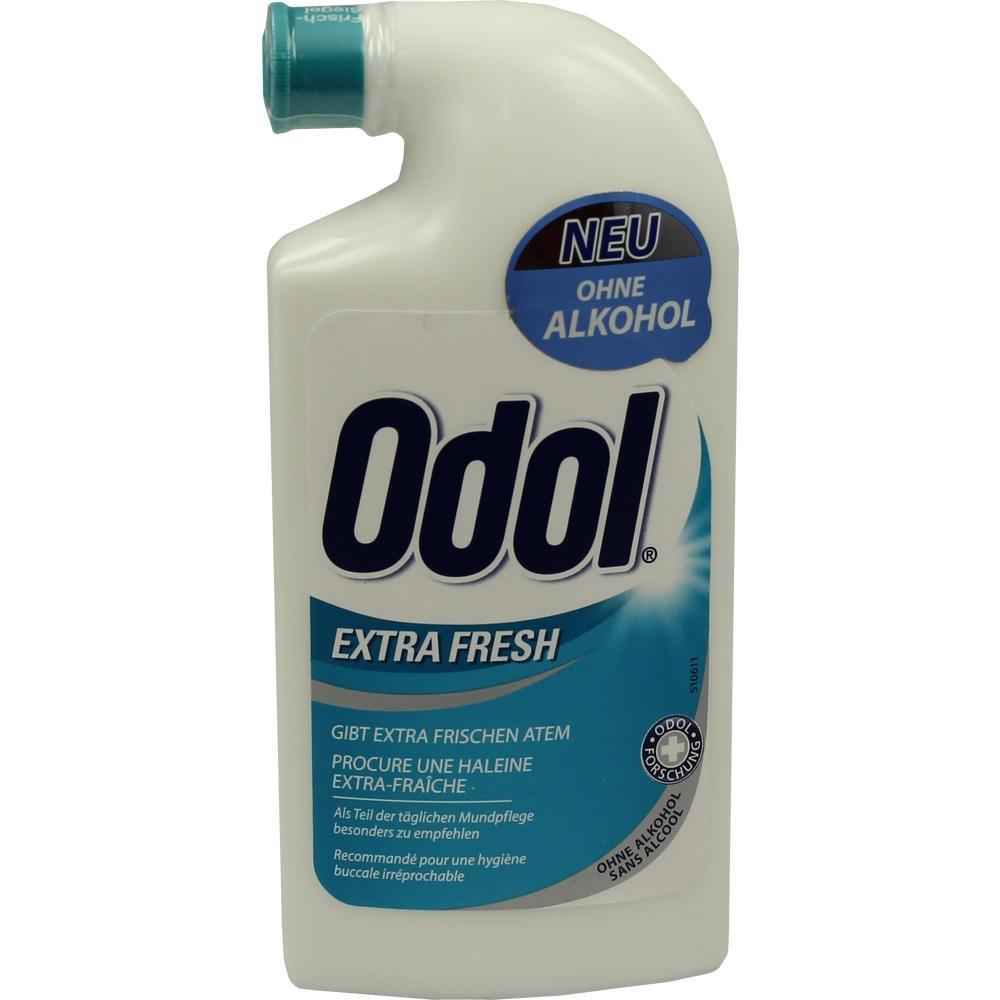 Wei&szlig;e Flasche mit Mundsp&uuml;lung, "Odol Extra Fresh", alkoholfrei.