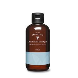 Braunes Duschgel-Fl&auml;schchen mit blauem Etikett und schwarzem Verschluss.