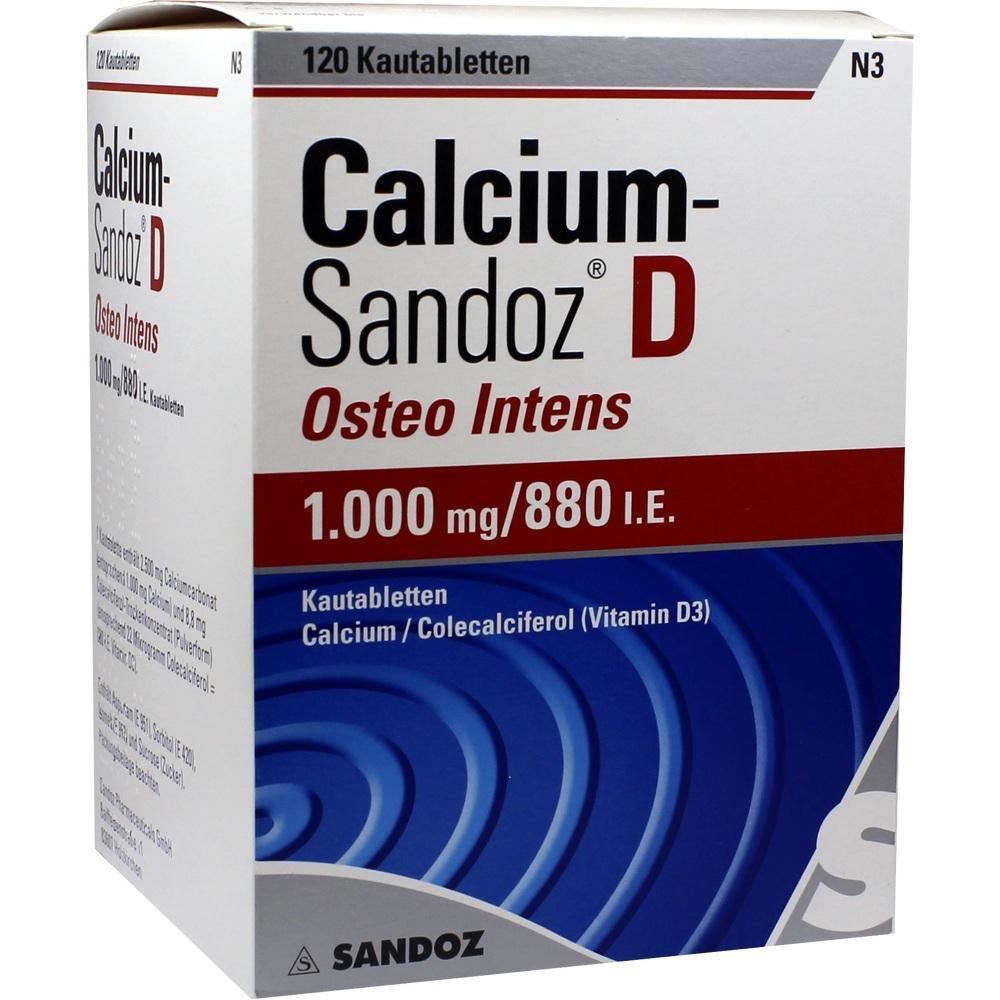 Packung von Calcium Sandoz D Kautabletten mit Vitamin D3.