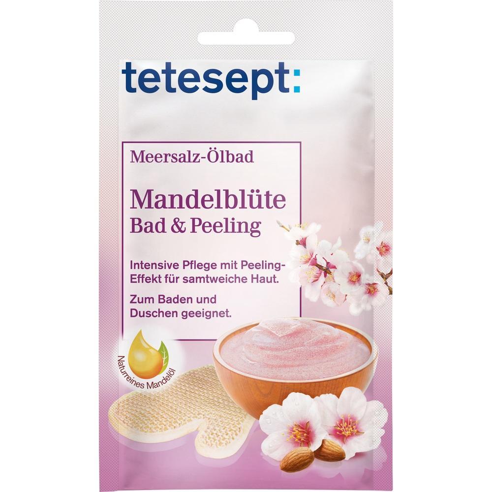 Verpackung eines Meersalz-&Ouml;lbades mit Mandelbl&uuml;ten, geeignet f&uuml;r Bad und Dusche.