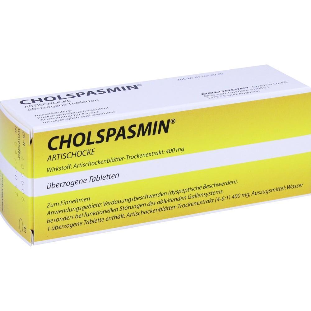 Gelbe Medikamentenschachtel mit der Aufschrift &bdquo;CHOLSPASMIN&ldquo; f&uuml;r Verdauungsbeschwerden.