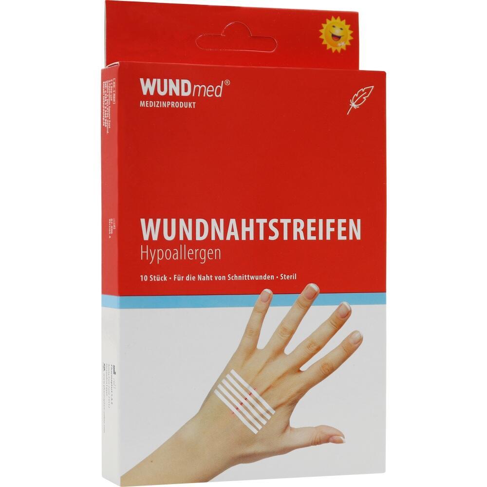 Rote Packung mit Aufschrift "Wundnahtstreifen", zeigt Streifen auf einer Hand.
