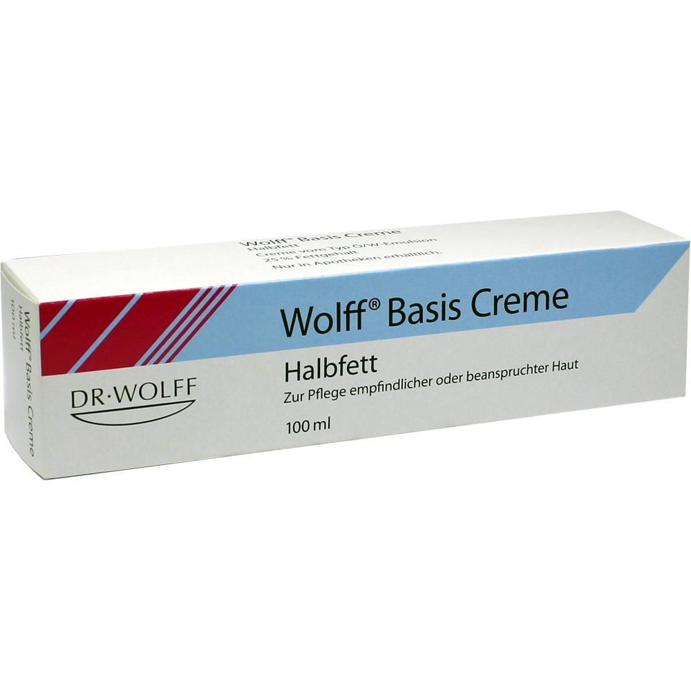 Wei&szlig;e Schachtel einer Hautcreme mit der Aufschrift "Wolff Basis Creme Halbfett".