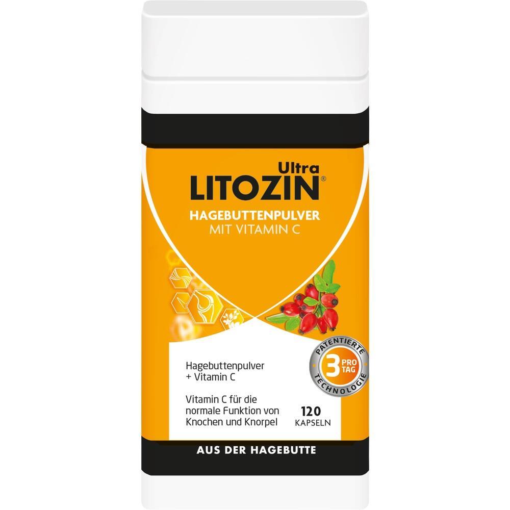 Gelbe Dose mit Hagebuttenpulver und Vitamin C, Name Litozin.