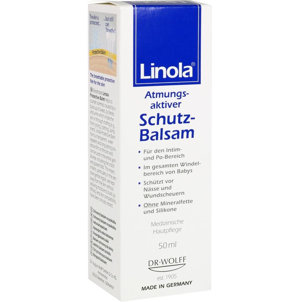 Wei&szlig;e Verpackung einer Linola Schutz-Balsam Creme f&uuml;r Hautpflege.