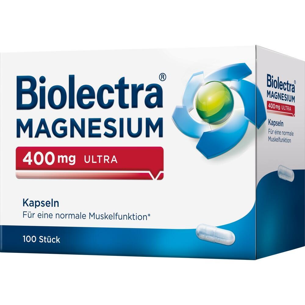 Weiße Box für Biolectra Magnesium 400mg Kapseln zur Unterstützung der Muskelfunktion.