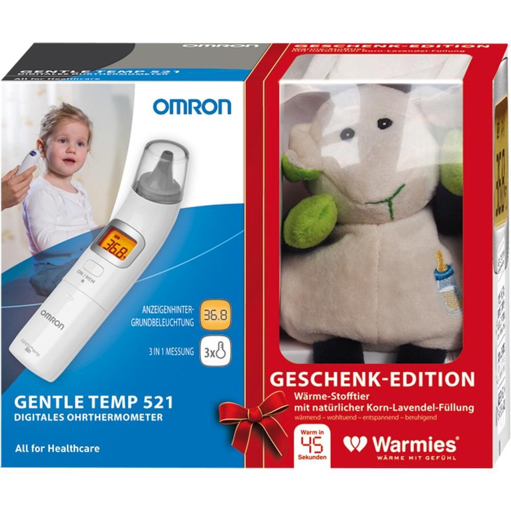 Packung mit Ohrthermometer und Wärmestofftier als Geschenkset.