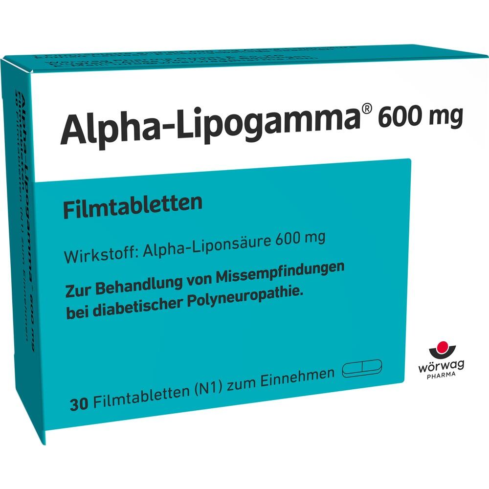 Eine Packung Alpha-Lipogamma 600 mg Filmtabletten gegen Nervenschmerzen.