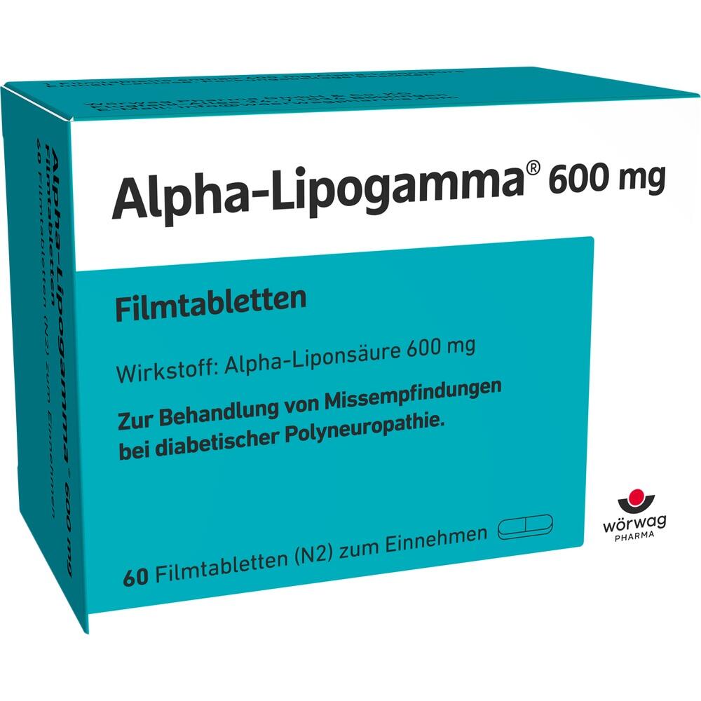 Verpackung von Alpha-Lipogamma 600 mg Filmtabletten gegen diabetische Polyneuropathie.