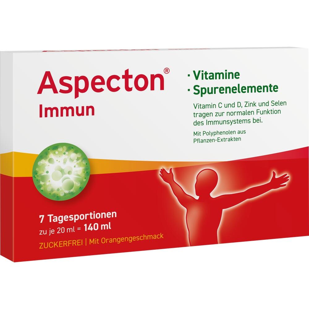 Verpackung von Aspecton Immun mit Orangengeschmack für Erwachsene und Kinder ab 12 Jahre.