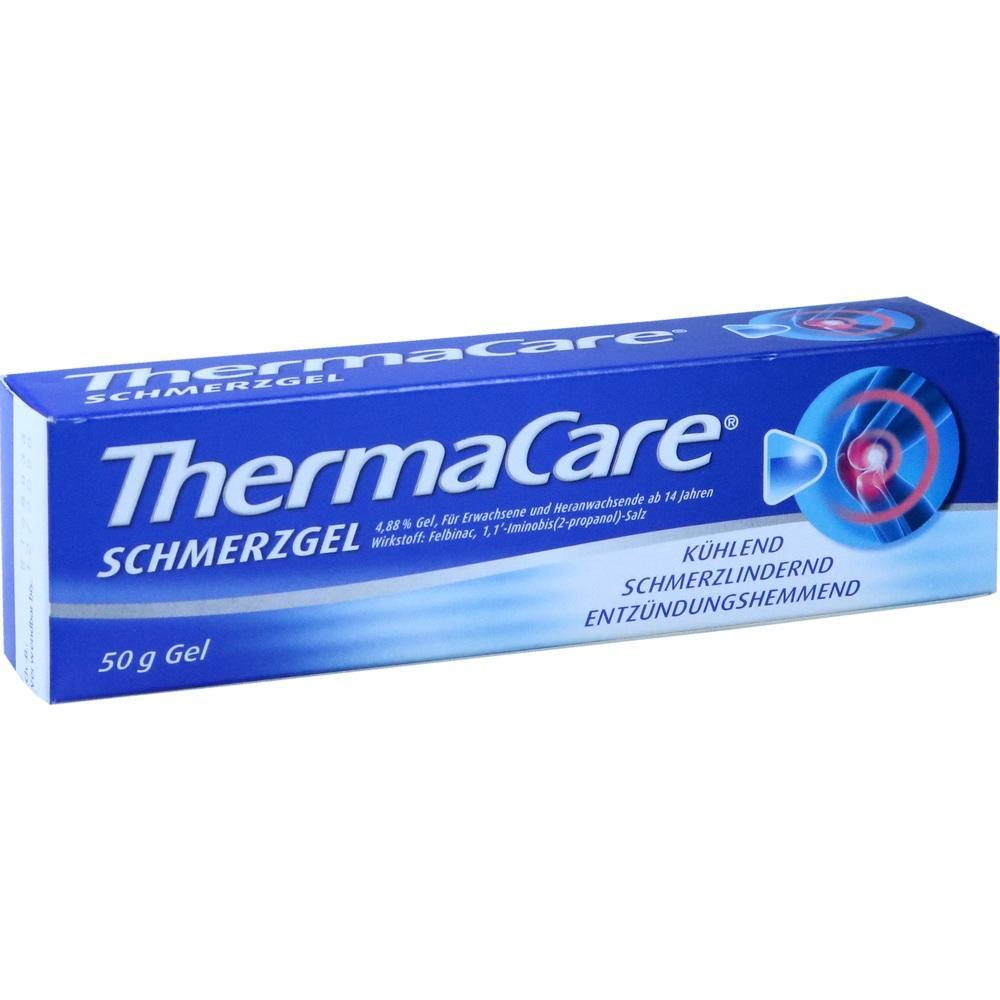 Blaue Verpackung von ThermaCare-Schmerzgel mit k&uuml;hlender Wirkung.