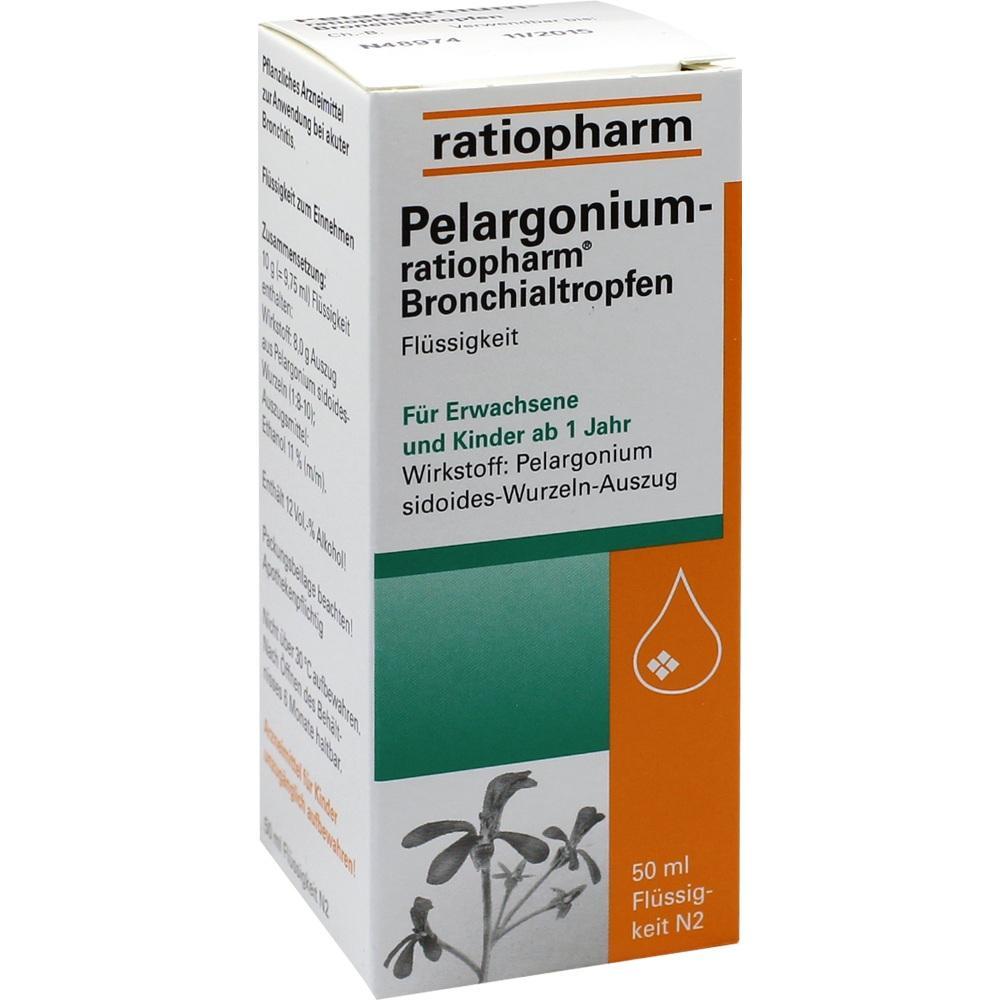 Eine Packung Bronchialtropfen mit Pelargonium f&uuml;r Erwachsene und Kinder ab 1 Jahr.