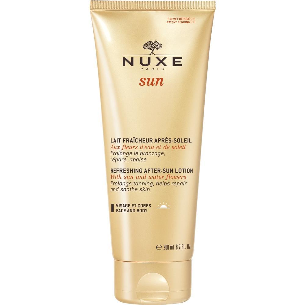 Goldene Tube mit Aufschrift "Nuxe Sun", eine After-Sun Lotion f&uuml;r Gesicht und K&ouml;rper.