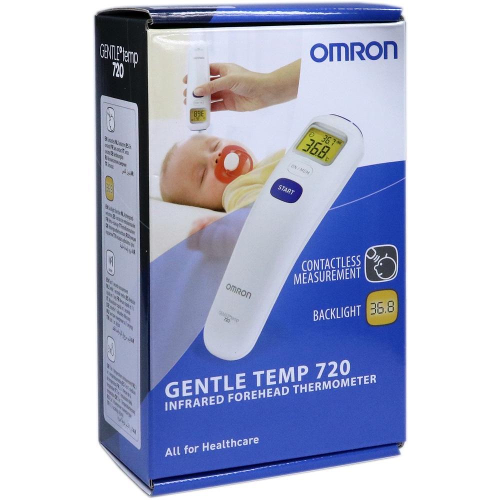 Auf der Verpackung sieht man ein kontaktloses Fieberthermometer für Babys.