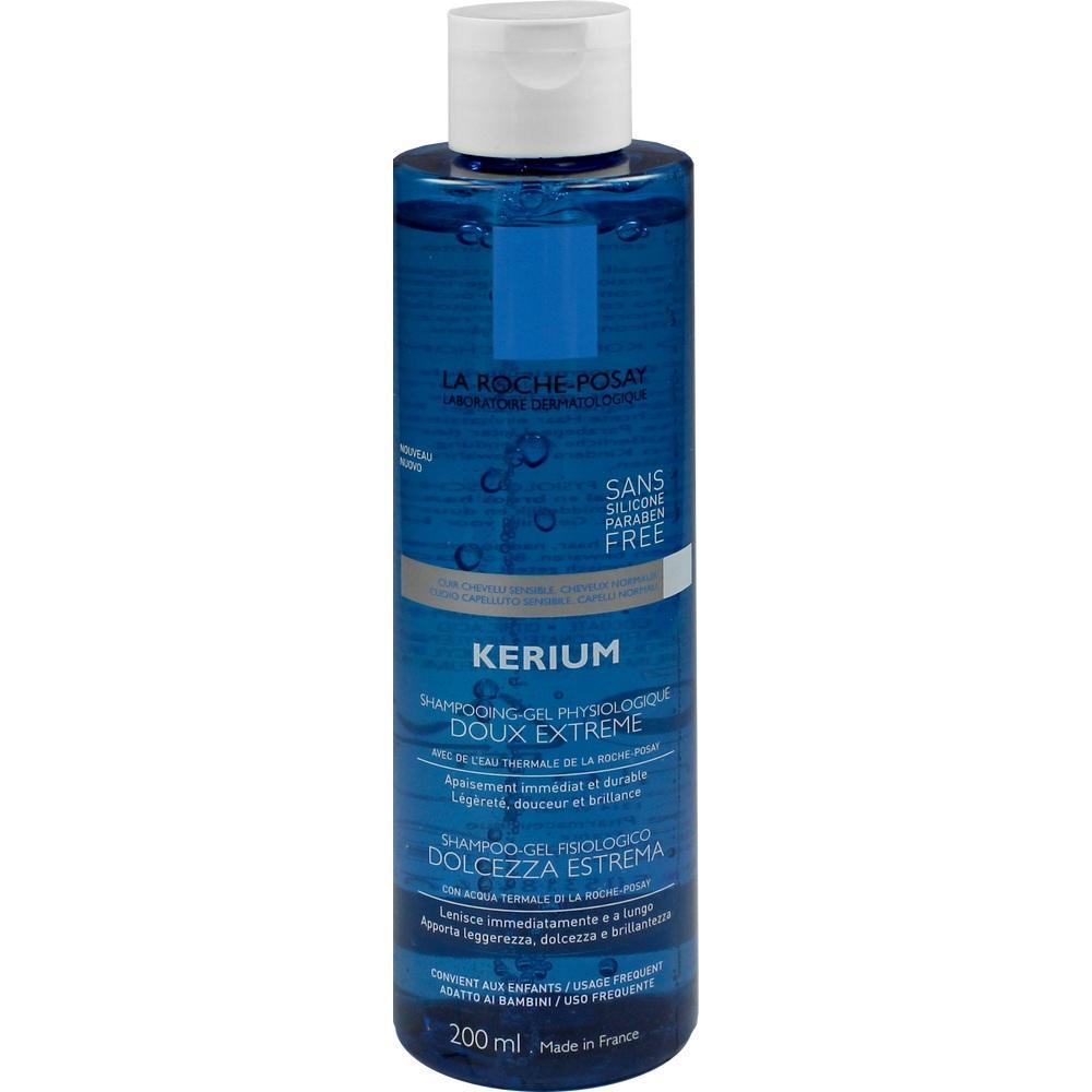 Blaue Shampooflasche von La Roche-Posay, 200 ml, silikon- und parabenfrei.