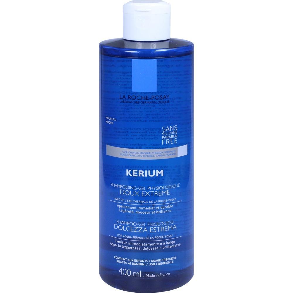 Blaue Shampoo-Flasche mit der Aufschrift "Kerium" und "La Roche-Posay".