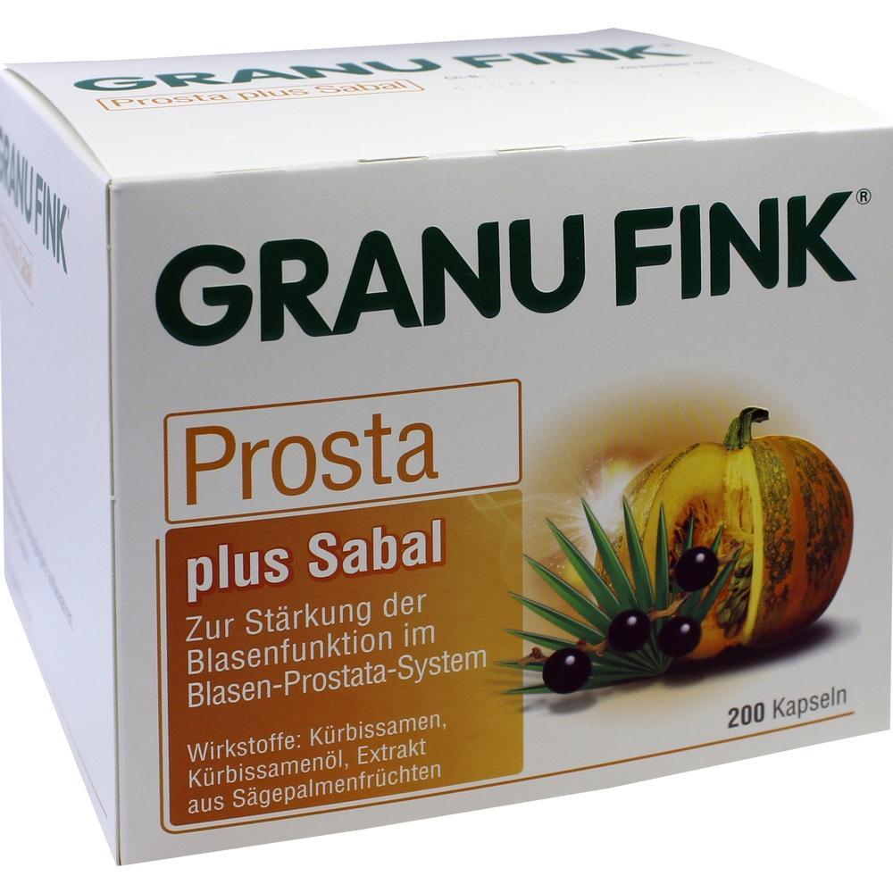 Eine Packung Granu Fink Prosta plus Sabal Kapseln zur Unterstützung der Blasenfunktion.