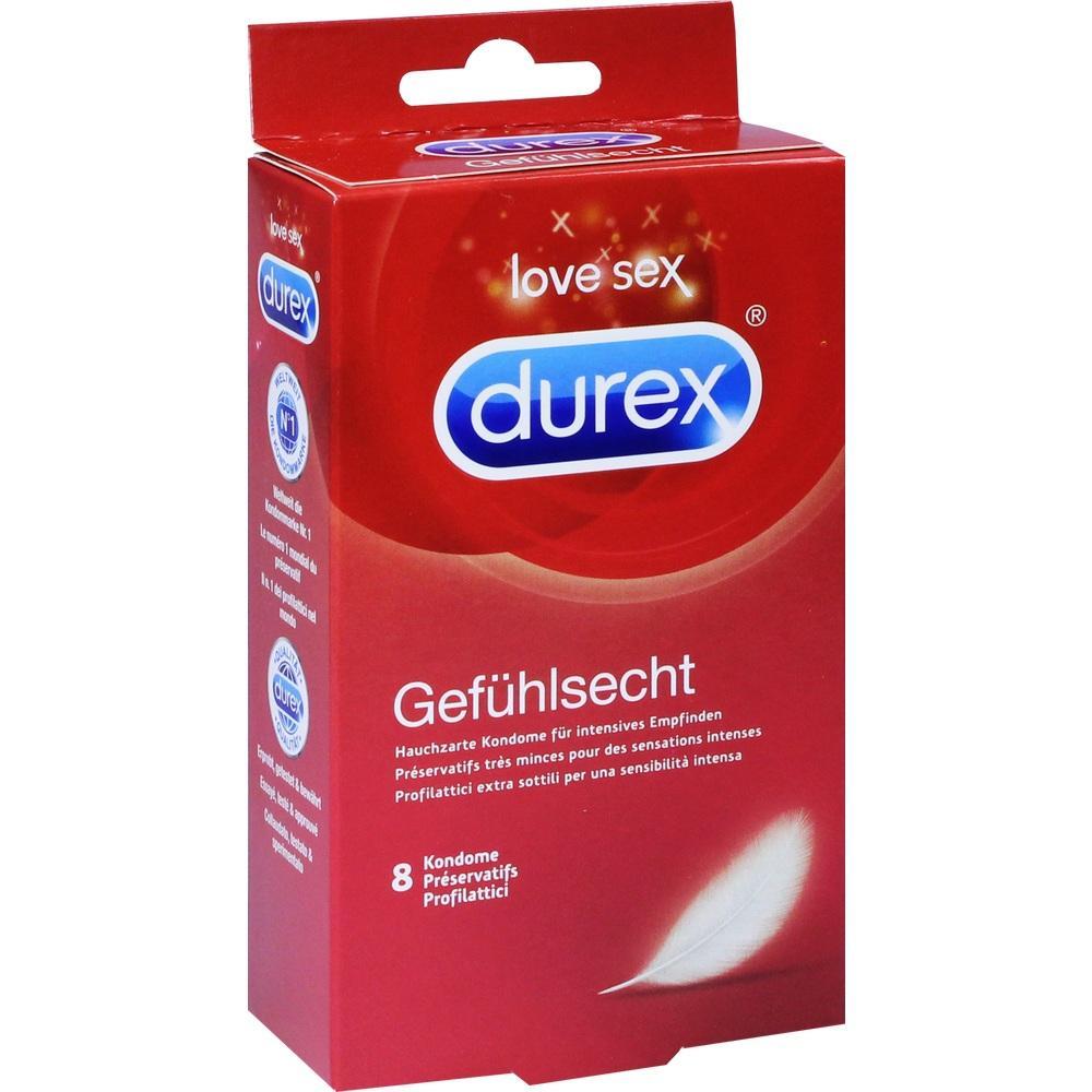 Rote Verpackung mit Durex Gef&uuml;hls-echt Kondomen, vorne eine wei&szlig;e Feder abgebildet.