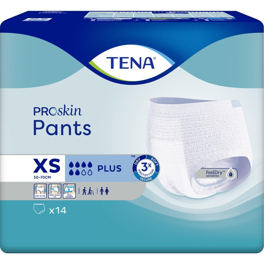 Verpackung von TENA ProSkin Pants in Gr&ouml;&szlig;e XS, f&uuml;r besseren Schutz und Trockenheit.