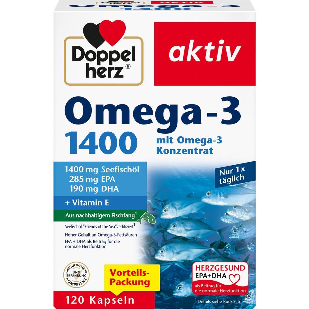 Eine Packung Omega-3-Kapseln mit Fischen und Gesundheitsinformationen.