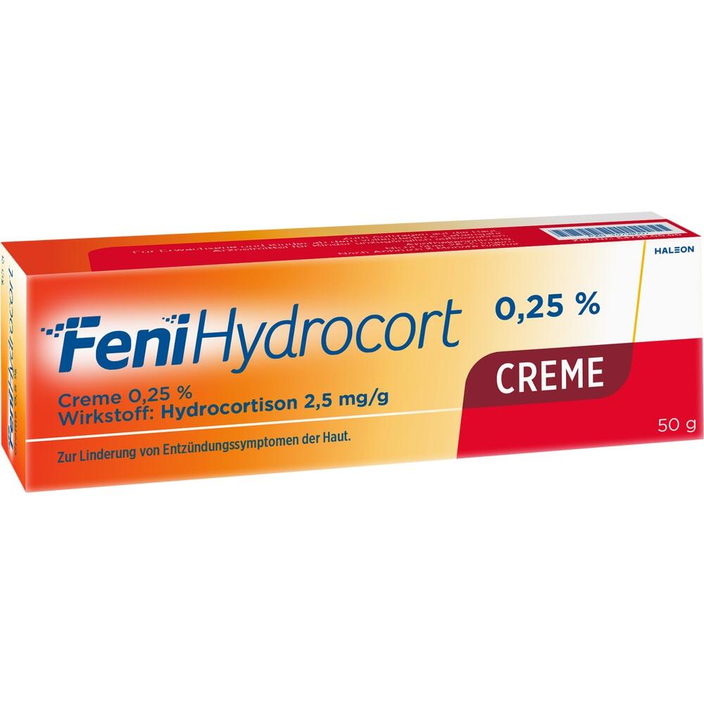 Eine orangefarbene Medikamentenverpackung f&uuml;r Hydrocortison-Creme gegen Hautentz&uuml;ndungen.