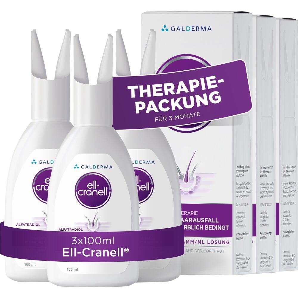 Drei Flaschen Ell-Cranell Haartinktur mit violettem Therapiepakkungsetikett.