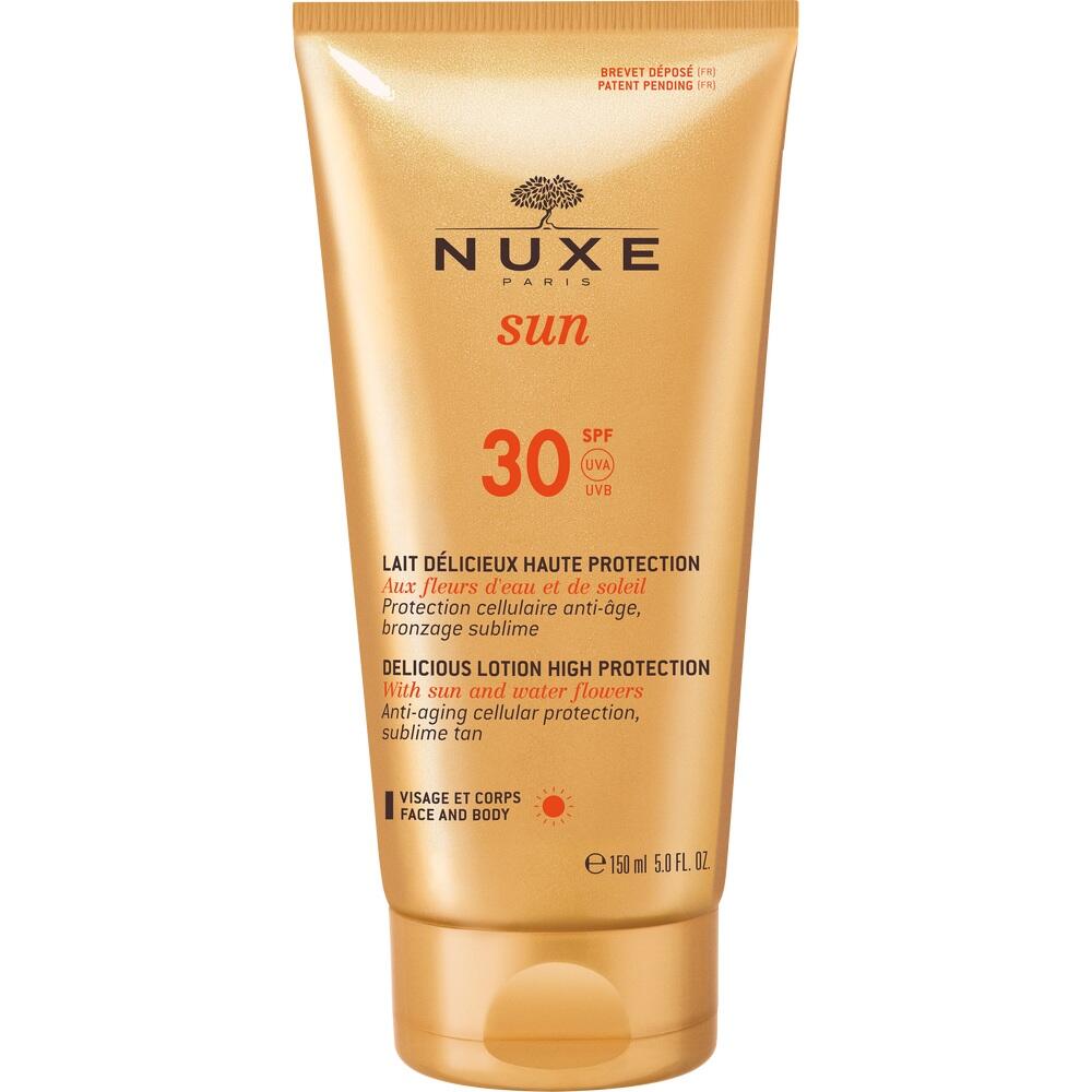 Goldene Sonnencreme-Tube von Nuxe mit Lichtschutzfaktor 30.