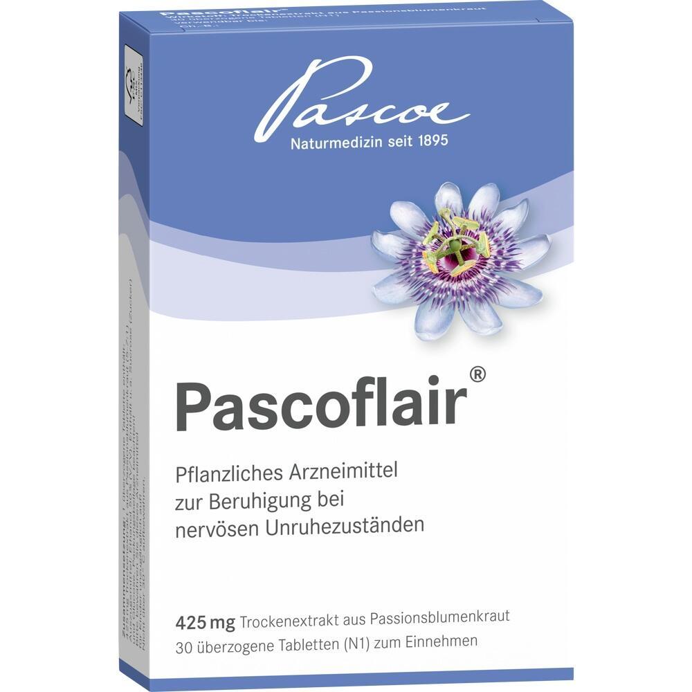 Verpackung eines pflanzlichen Beruhigungsmittels namens Pascoflair mit Passionsblumenbild.