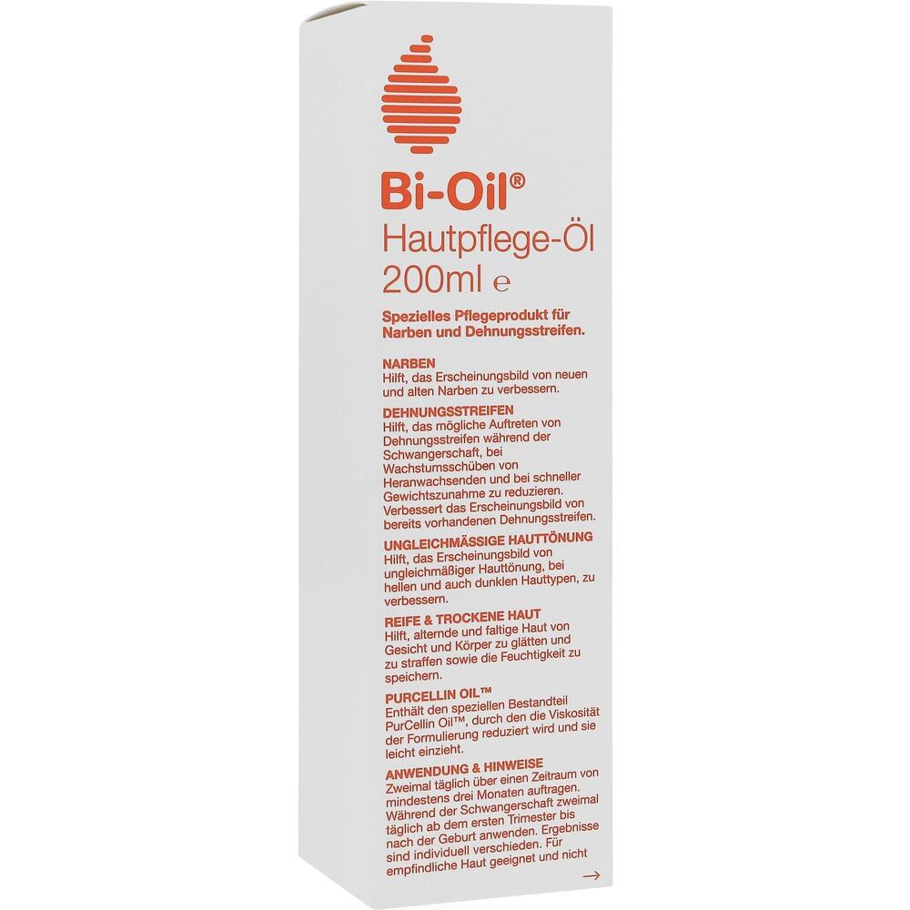 Eine wei&szlig;e Verpackung von Bi-Oil Hautpflege-&Ouml;l f&uuml;r Narben und Dehnungsstreifen.