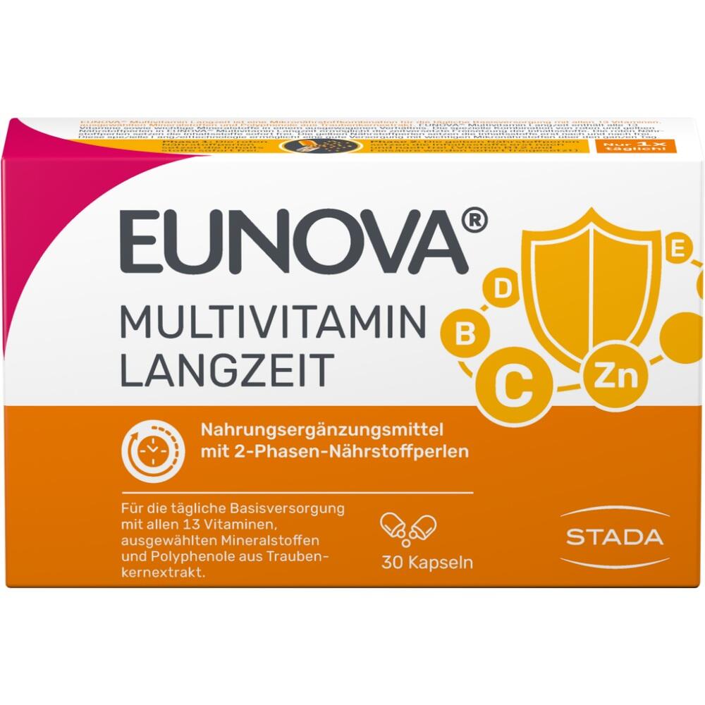 Verpackung von Eunova Multivitamin Langzeit mit 30 Kapseln zur Nahrungserg&auml;nzung.