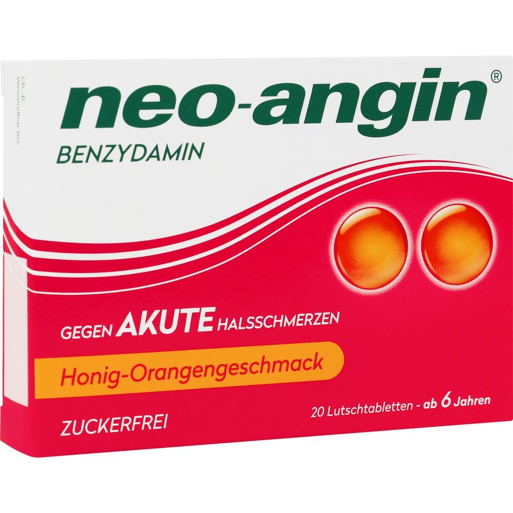 Packung Lutschtabletten gegen Halsschmerzen mit Honig-Orangen-Geschmack, zuckerfrei.