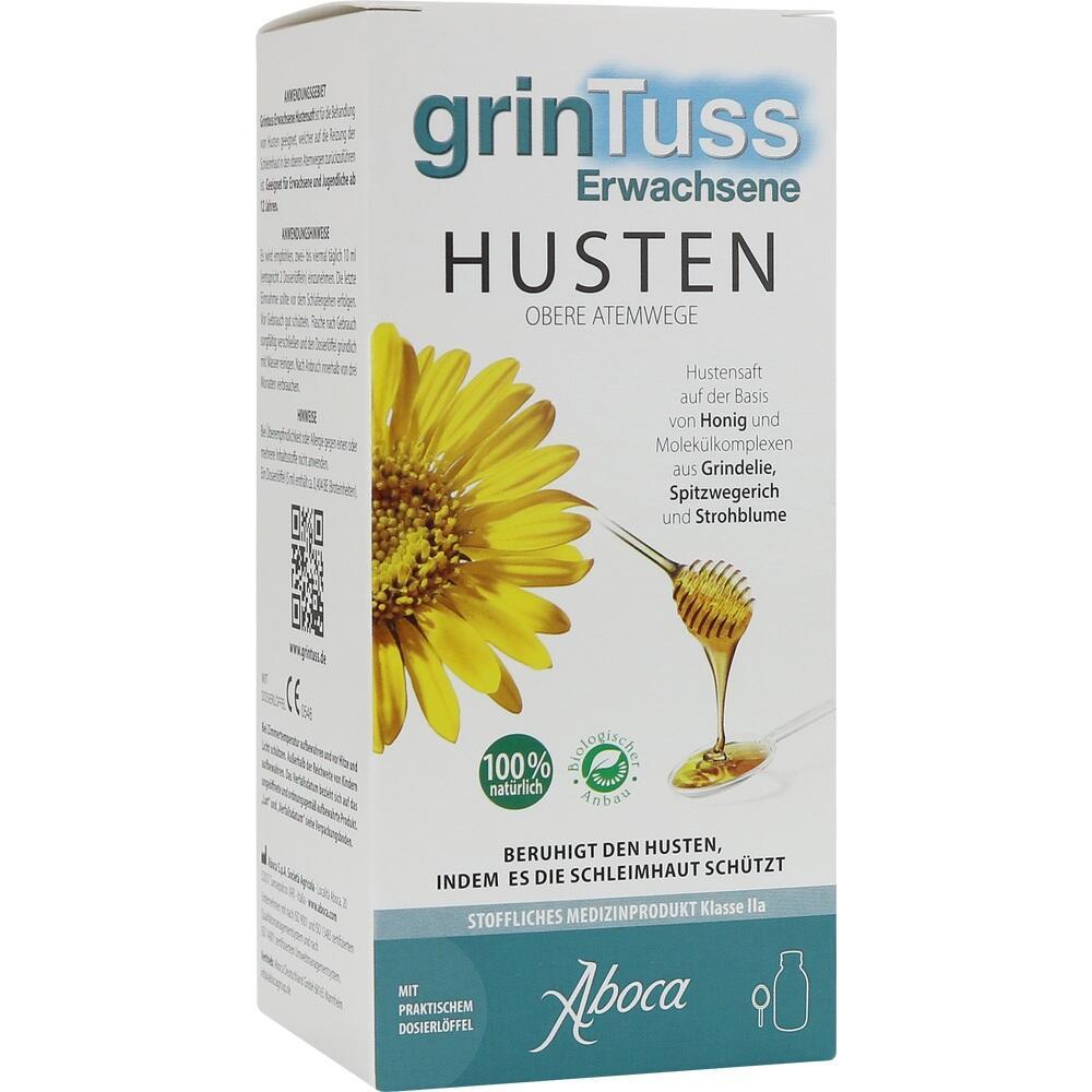 Verpackung von Hustensaft auf Honigbasis mit gelber Blume und Honigl&ouml;ffel.