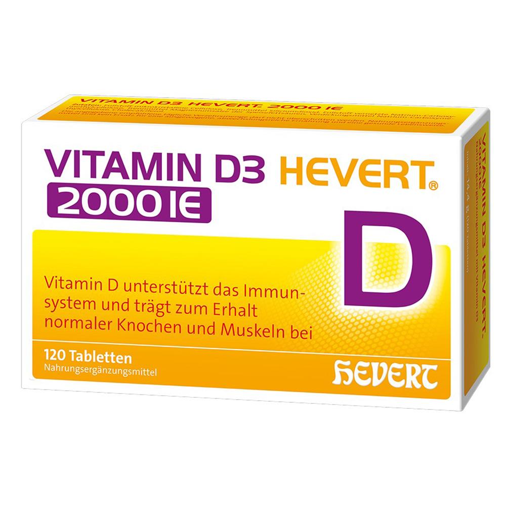 Eine Packung Vitamin D3 Tabletten von Hevert mit 2000 IE St&auml;rke.
