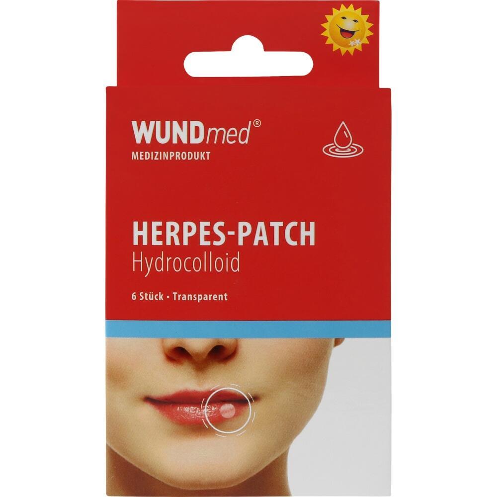 Rote Verpackung eines Herpes-Patches mit Bild eines Mundes.