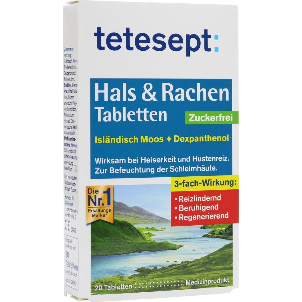 Eine Packung tetesept Hals- und Rachentabletten mit isl&auml;ndischem Moos, zuckerfrei.