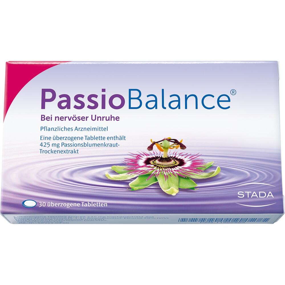 Packung von PassioBalance, einem pflanzlichen Mittel gegen nerv&ouml;se Unruhe, mit einer Passionsblume.