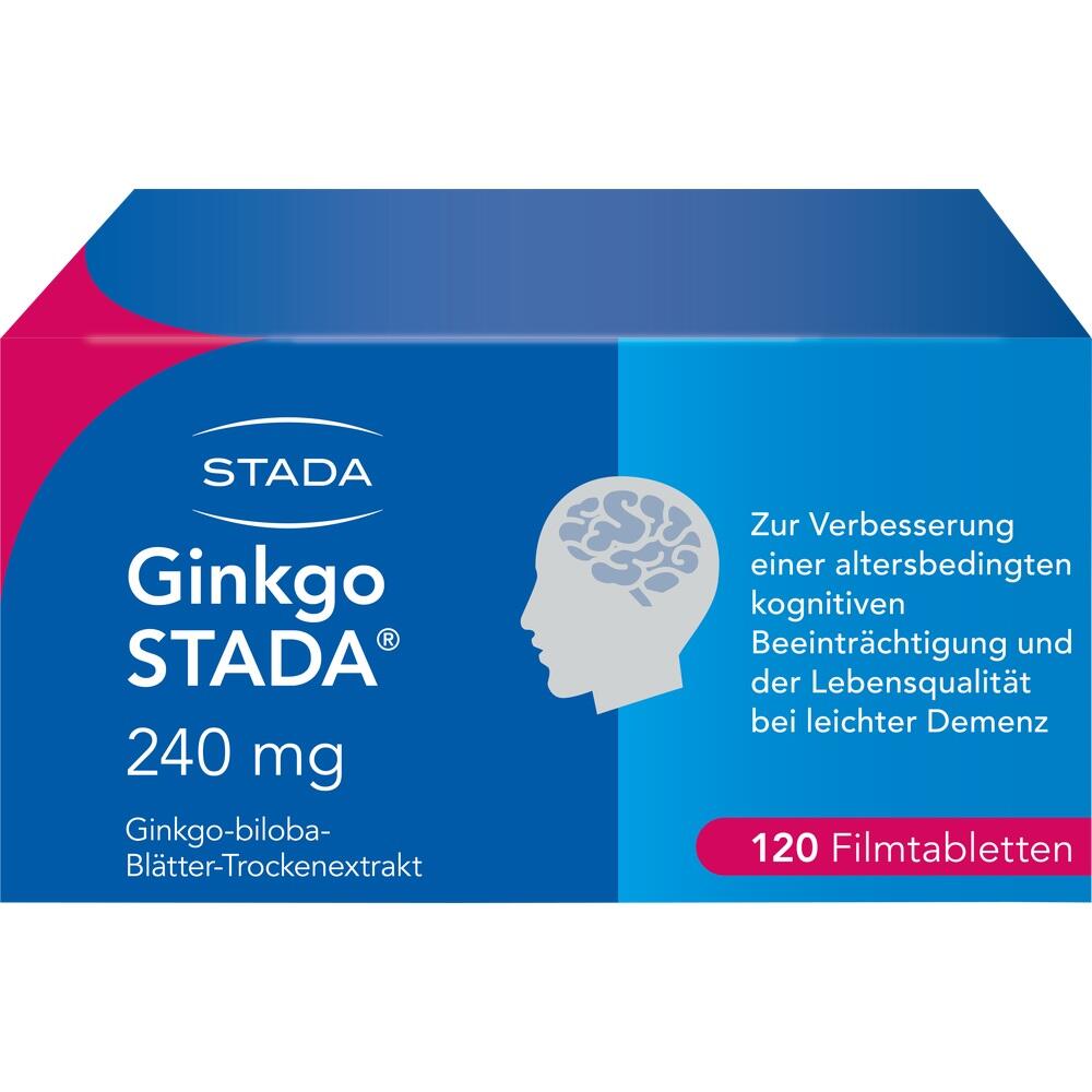 Verpackung von Ginkgo STADA Tabletten zur Unterst&uuml;tzung bei kognitiven Beeintr&auml;chtigungen.